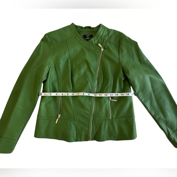 Alfani Petite M Faux Leather Moto Jacket Willow Bough Green asymmetrical Zip - Picture 7 of 8